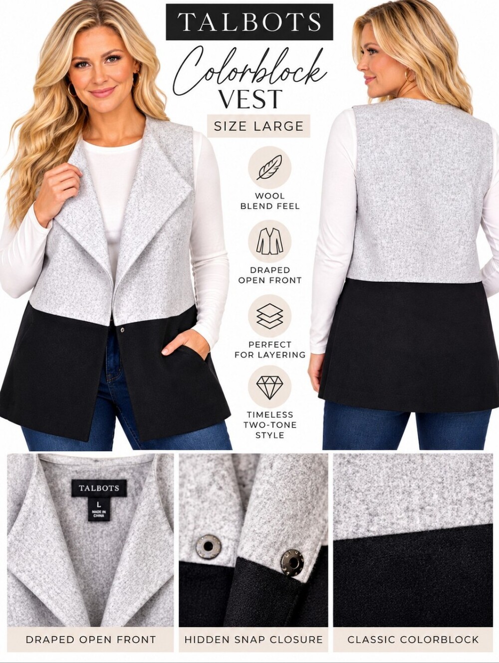 Talbots Colorblock Wool Blend Open Front Vest – Size Large